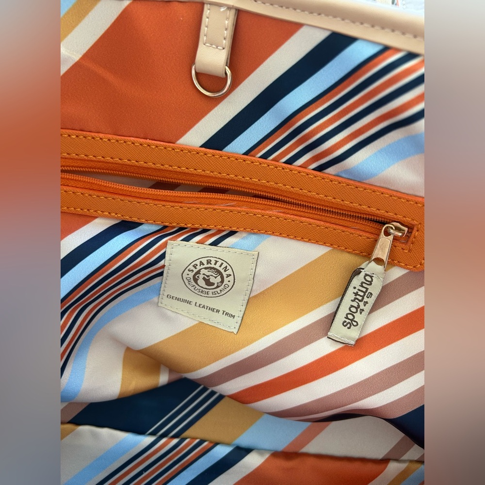 NWOT Spartina 449 Orange Navy Blue Tote Bag with Multi-color Silky Lining - Picture 12 of 15